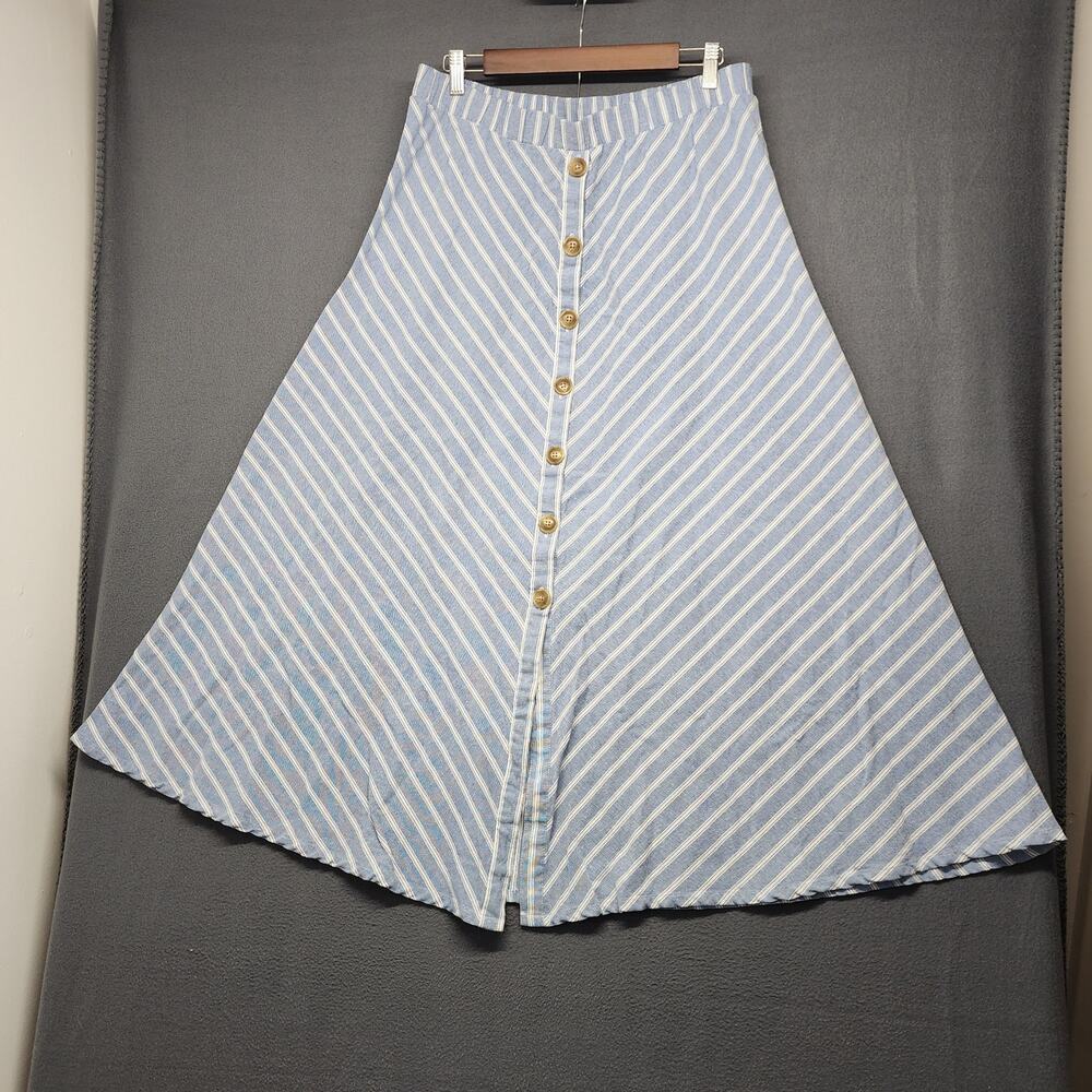 Robert Louis Skirt XL Linen Blend Blue Stripe Long A Line Nautical Elastic Waist